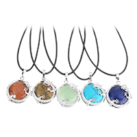 Natural Gemstone Necklace with PU Leather & Brass with 2lnch extender chain Flat Round platinum color plated & for woman nickel lead & cadmium free 1.5mm Sold Per Approx 17.5 Inch Strand