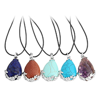 Natural Gemstone Necklace with PU Leather & Brass with 2lnch extender chain Teardrop platinum color plated & for woman nickel lead & cadmium free 1.5mm Sold Per Approx 17.5 Inch Strand