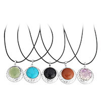 Natural Gemstone Necklace with PU Leather & Brass with 2lnch extender chain Flat Round platinum color plated & for woman & hollow nickel lead & cadmium free 1.5mm Sold Per Approx 17.5 Inch Strand