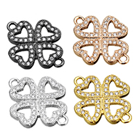 Cubic Zirconia Micro Pave Brass Connector, Four Leaf Clover, plated, micro pave cubic zirconia & 1/1 loop, more colors for choice, nickel, lead & cadmium free, 15.50x20.50x2mm, Hole:Approx 1.5mm, 20PCs/Lot, Sold By Lot