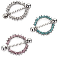Stainless Steel Nipple Ring, 316L Stainless Steel, Donut, with rhinestone, more colors for choice, 1.6x16mm, Sold By PC