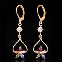 Brass Leverback Earring, Flower, 18K gold plated, with cubic zirconia & faceted, lead & cadmium free, 10-30mm, 6Pairs/Bag, Sold By Bag