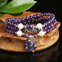 Amethyst Bracelet, with South Sea Shell & Crystal & Tibetan Style, February Birthstone & for woman & 3-strand & faceted, 6mm, Sold Per Approx 20 Inch Strand