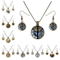 Tibetan Style Jewelry Sets, earring & necklace, with Paper, 316L stainless steel earring hook, Flat Round, antique bronze color plated, ball chain & different designs for choice & epoxy gel, nickel, lead & cadmium free, 27x36mm, 15x34mm, Length:Approx 19.49 Inch, 6Sets/Lot, Sold By Lot