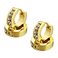 Stainless Steel Huggie Hoop Earring, gold color plated, with rhinestone, 4x13x13mm, 12Pairs/Lot, Sold By Lot