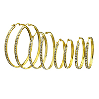 Stainless Steel Hoop Earring gold color plated & with rhinestone 1/Pair Sold By Pair