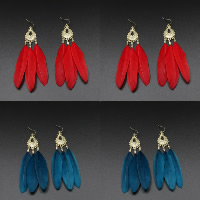 Fashion Feather Earring, with Tibetan Style, brass earring hook, gold color plated, for woman, more colors for choice, 100mm, Sold By Pair