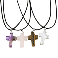 Natural Gemstone Necklace with PU Leather & Zinc Alloy with 1.8lnch extender chain Cross platinum color plated nickel lead & cadmium free Sold Per Approx 17.7 Inch Strand