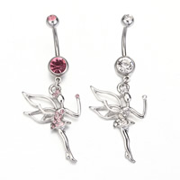 Stainless Steel Belly Ring, Angel, with rhinestone, more colors for choice, 1.6x10mm, Sold By PC