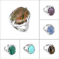 Natural Gemstone Finger Ring Brass with Gemstone Flat Oval platinum color plated & adjustable & for woman nickel lead & cadmium free 22.50mm US Ring Sold By PC