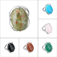 Πολύτιμος λίθος δαχτυλίδι δάχτυλο, Ορείχαλκος, με Πολύτιμος λίθος, Επίπεδη οβάλ, χρώμα επιπλατινωμένα, φυσικό & διαφορετικά υλικά για την επιλογή & ρυθμιζόμενο & για τη γυναίκα, νικέλιο, μόλυβδο και κάδμιο ελεύθεροι, 27.50mm, Μέγεθος:7, Sold Με PC