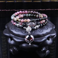 Natural Tourmaline Bracelet, with Garnet & Tibetan Style, Round, January Birthstone & for woman & 3-strand & with rhinestone, 6mm, Sold Per Approx 21 Inch Strand