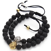 Lava Woven Ball Bracelets with Nylon Cord & Zinc Alloy Lion plated natural & adjustable 8mm Sold Per Approx 7 Inch Strand