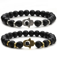 Black Agate Bracelets with Zinc Alloy Hamsa plated frosted 8mm Sold Per Approx 7 Inch Strand
