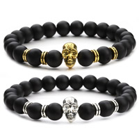 Black Agate Bracelets, with Tibetan Style, Skull, plated, frosted, more colors for choice, 8mm, 7x12mm, Sold Per Approx 7 Inch Strand