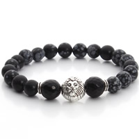 Snowflake Obsidian Bracelet, with Black Agate & Tibetan Style, Lion, antique silver color plated, faceted, 8mm, 10mm, Sold Per Approx 7 Inch Strand