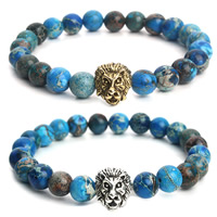 Impression Jasper Bracelet, with Tibetan Style, Lion, plated, more colors for choice, 8mm, 11.5x12.5mm, Sold Per Approx 7 Inch Strand