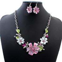 Tibetan Style Jewelry Sets, earring & necklace, with iron chain, stainless steel post pin, with 5cm extender chain, Flower, platinum color plated, oval chain & for woman & enamel & with rhinestone, lead & cadmium free, 47cm, Length:Approx 18.5 Inch, Sold By Set