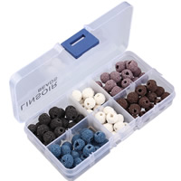 Perles de lave naturelle, lave volcanique, avec Boîte en plastique, Rond, 6 cellules, couleurs mélangées, 8-10mm, Trou:Environ 2mm, Environ 150PC/boîte, Vendu par boîte