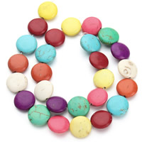 Synthetische Türkis Perle, flache Runde, gemischte Farben, 16x7mm, Bohrung:ca. 1.5mm, ca. 24PCs/Strang, verkauft per ca. 15.5 ZollInch Strang