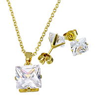 Cubic Zirconia Stainless Steel Jewelry Sets, earring & necklace, Square, gold color plated, oval chain & for woman & with cubic zirconia, 10.5x13x7mm, 1.5x2x0.5mm, 8x8x15mm, Length:Approx 17.8 Inch, Sold By Set