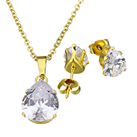 Cubic Zirconia Stainless Steel Jewelry Sets, earring & necklace, Teardrop, gold color plated, oval chain & for woman & with cubic zirconia, 10x15x7mm, 1.5x2x0.5mm, 7.5x9.5x15.5mm, Length:Approx 17.8 Inch, Sold By Set