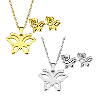 Fashion Stainless Steel Jewelry Sets, earring & necklace, Butterfly, plated, oval chain & for woman, more colors for choice, 20.5x16x1.5mm, 1.5x2x0.5mm, 10x8x11.5mm, Length:Approx 17.8 Inch, Sold By Set