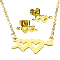Stainless Steel smycken Ställer, örhänge & halsband, ROSTFRITT STÅL, Hjärta, guldfärg pläterade, oval kedja & för kvinna, 22.5x11x1.5mm, 1.5x2x0.5mm, 13x5x12.5mm, Längd Ca 17.8 inch, Säljs av Ställ
