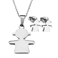 Fashion Stainless Steel Jewelry Sets, earring & necklace, Girl, oval chain & for woman, original color, 18x23x2.5mm, 1.5x2x0.5mm, 8x9x12mm, Length:Approx 17.8 Inch, Sold By Set