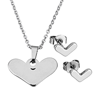 Fashion Stainless Steel Jewelry Sets, earring & necklace, Heart, oval chain & for woman, original color, 19.5x11.5x2mm, 1.5x2x0.5mm, 8x5x11.5mm, Length:Approx 17.8 Inch, Sold By Set