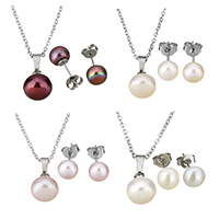 Fashion Stainless Steel Jewelry Sets, earring & necklace, with Freshwater Pearl, natural, oval chain & for woman, more colors for choice, 10x12x10mm, 1.5x2x0.5mm, 8x8x18mm, Length:Approx 17.8 Inch, Sold By Set