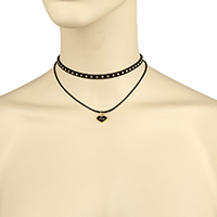 Layered Choker, Velveteen Cord, with Waxed Cotton Cord & Tibetan Style, with 3lnch extender chain, Heart, word love, gold color plated, for woman & enamel & 2-strand, black, 12x12x2mm, 1.5mm, 5mm, Length:Approx 13 Inch, 12Strands/Lot, Sold By Lot