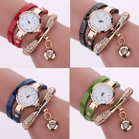 Wrap Watch, PU Leather, with Tibetan Style dial & Glass, Bowknot, gold color plated, for woman & 3-strand & with rhinestone, more colors for choice, 25mm, 6mm, Sold Per Approx 21.6 Inch Strand