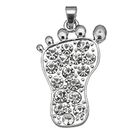Tibetan Style Rhinestone Pendants, Foot, platinum color plated, with rhinestone, nickel, lead & cadmium free, 24x38x4.50mm, Hole:Approx 4x6.8mm, 100PCs/Lot, Sold By Lot