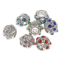 Tibetan Style European Beads, Drum, platinum color plated, without troll & with rhinestone, more colors for choice, lead & cadmium free, 9x12mm, Hole:Approx 5mm, 100PCs/Bag, Sold By Bag