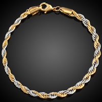Unisex Bracelet, Brass, plated, rope chain & two tone, lead & cadmium free, 3mm, Sold Per Approx 7.5 Inch Strand