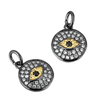 Cubic Zirconia Micro Pave Brass Pendant, Flat Round, plumbum black color plated, with eye pattern & micro pave cubic zirconia, nickel, lead & cadmium free, 12x14x2.50mm, Hole:Approx 3.7mm, 10PCs/Lot, Sold By Lot