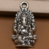 Buddista gioielli ciondolo, lega in zinco, Ganesha, placcato argento antico, assenza di piombo & cadmio, 27x14mm, Foro:Appross. 1.5mm, 100PC/borsa, Venduto da borsa