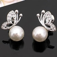 Glass Pearl Earring, Tibetan Style, with Glass Pearl, Butterfly, platinum color plated, with rhinestone, lead & nickel free, 10-20mm, 10Pairs/Bag, Sold By Bag