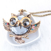 Crystal Necklace, Tibetan Style, with iron chain & Crystal, Owl, antique gold color plated, lantern chain & faceted & with rhinestone, lead & cadmium free, 61x58x16mm, Sold Per Approx 17.5 Inch Strand