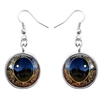Brass Drop Earring Flat Round silver color plated time gem jewelry & decal nickel lead & cadmium free Sold By Pair