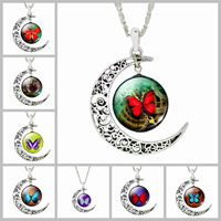 Time Gem Jewelry Necklace, Tibetan Style, with iron chain & Glass, Moon, antique silver color plated, butterfly design & valentino chain & different designs for choice & hollow & decal, lead & cadmium free, 35x40mm, Sold Per Approx 17 Inch Strand