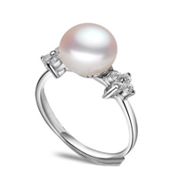 Cubic Zircon Brass Finger Ring, with Freshwater Pearl, real silver plated, natural & adjustable & with cubic zirconia, white, lead & cadmium free, 8-9mm, US Ring Size:7.5, Sold By PC