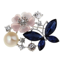 Cubic Zirconia Brooch, Brass, with Freshwater Pearl & Resin, Flower, plated, natural & with cubic zirconia, more colors for choice, nickel, lead & cadmium free, 47x50x9mm, Sold By PC