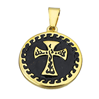 Stainless Steel Pendants, Flat Round, gold color plated, with cross pattern & enamel, 25x29x3.50mm, Hole:Approx 5x8mm, 10PCs/Lot, Sold By Lot