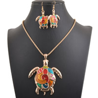 Tibetan Style Jewelry Sets, earring & necklace, with Iron, with 5cm extender chain, Turtle, KC gold color plated, lantern chain & enamel, 26x32mm, 60x70mm, Length:Approx 18.5 Inch, Sold By Set