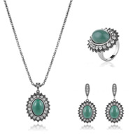 Tibetan Style Jewelry Sets, finger ring & earring & necklace, with rubber earnut & Green Agate, stainless steel post pin, Flat Oval, plated, lantern chain & for woman & with rhinestone, more colors for choice, nickel, lead & cadmium free, 26x40mm, 26x30mm, 26x55mm, US Ring Size:8, Length:Approx 16.9 Inch, 3Sets/Lot, Sold By Lot
