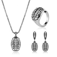 Tibetan Style Jewelry Sets, finger ring & earring & necklace, with rubber earnut, stainless steel post pin, plated, lantern chain & for woman & with rhinestone & hollow, more colors for choice, nickel, lead & cadmium free, 18x36mm, 17x20mm, 14x46mm, US Ring Size:8, Length:Approx 17.1 Inch, 3Sets/Lot, Sold By Lot