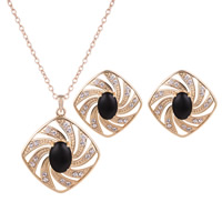 Zinc Alloy Jewelry Sets earring & necklace with Gemstone stainless steel post pin Rhombus gold color plated & oval chain & for woman & with rhinestone & hollow nickel lead & cadmium free  Length Approx 17.7 Inch Sold By Lot