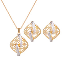 Tibetan Style Jewelry Sets, earring & necklace, stainless steel post pin, Rhombus, plated, rope chain & for woman & two tone & hollow, nickel, lead & cadmium free, 37x48mm, 25x30mm, Length:Approx 17.7 Inch, 3Sets/Lot, Sold By Lot